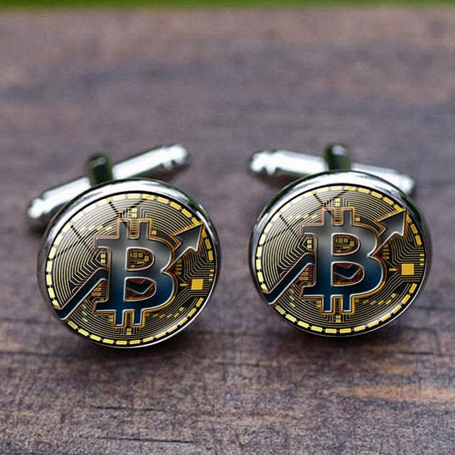 FIMAODZ Bitcoin Cufflinks for Men Bit Coin Glass Round Exquisite High Quality Cuff Links Buttons Gifts